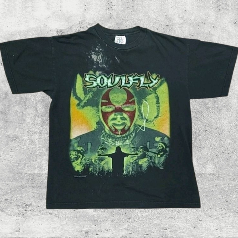 Vtg 1999 Soulfly Tribe World Noise T-Shirt L Blue Grape Made in USA Distressed